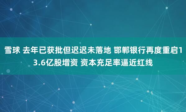 雪球 去年已获批但迟迟未落地 邯郸银行再度重启13.6亿股增资 资本充足率逼近红线